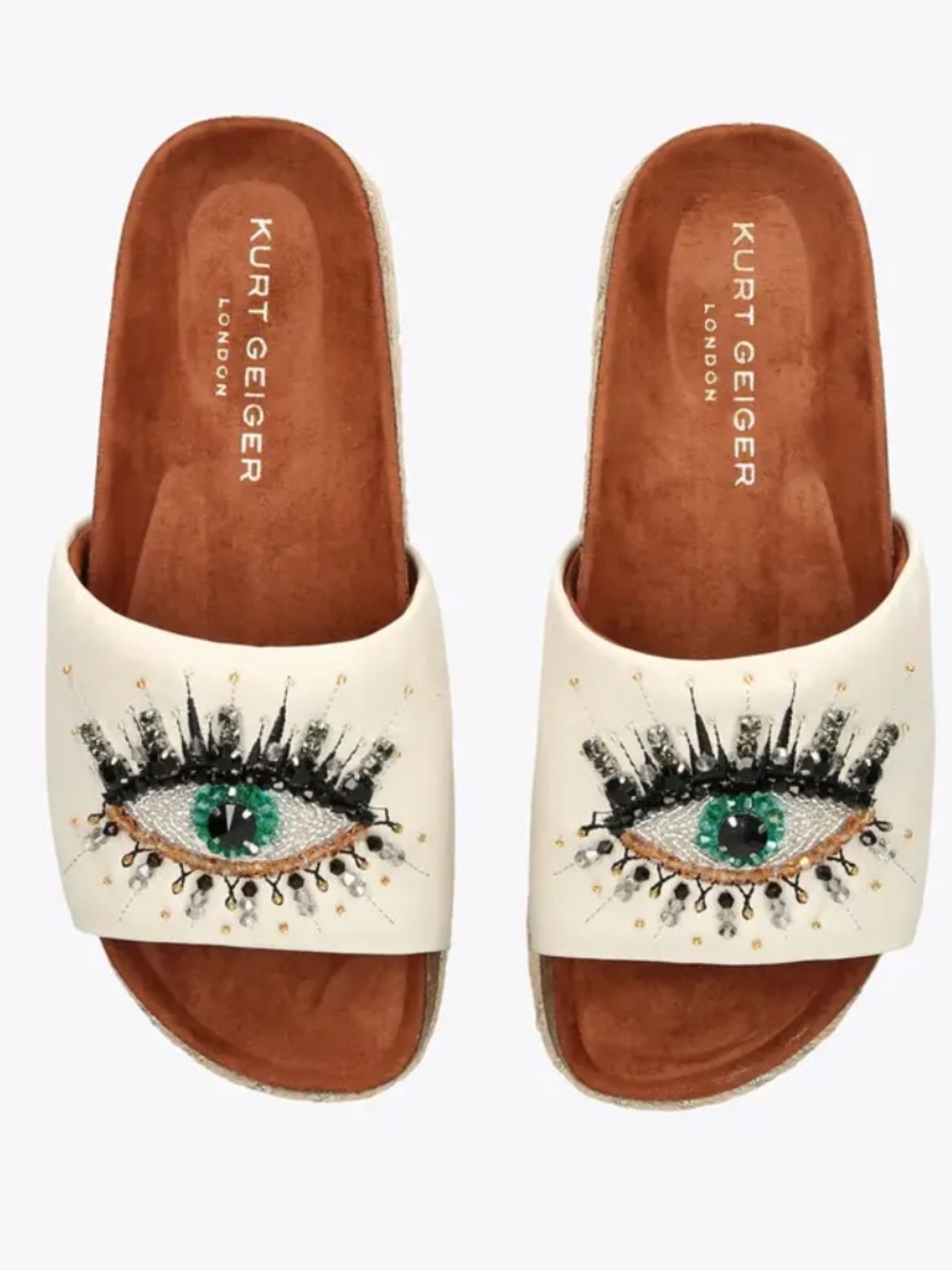 Kurt Geiger Kensington Cream Eye Beaded Flatform Slide Sandals